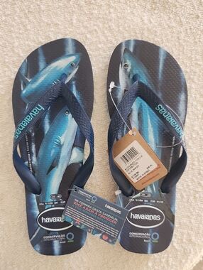 Havaianas Conservation Intl Blue Water Navy and Teal Shark Graphic Flip Flops